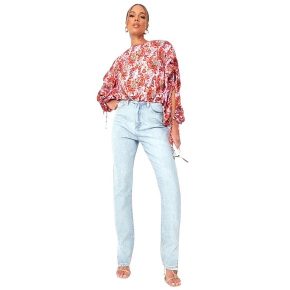 MISSGUIDED Open Balloon Sleeve Purple Floral Blouse Size 4 NWT